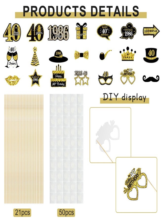 Guiruiy 21Pcs 40th Birthday Decoration Photo Booth Props for Men Women, Funny Black Gold Vintage 1986 40th Birthday Props Kit with Sticks Party Supplies, Cheers to 40 Bday Photo Props Sign Decor - Image 4